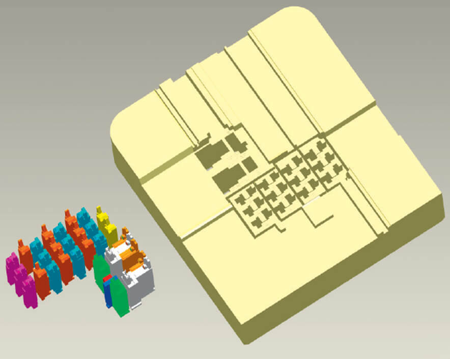 The CAD drawing shows a component on which DMF Werkzeugbau has wire-cut the insert and cores.