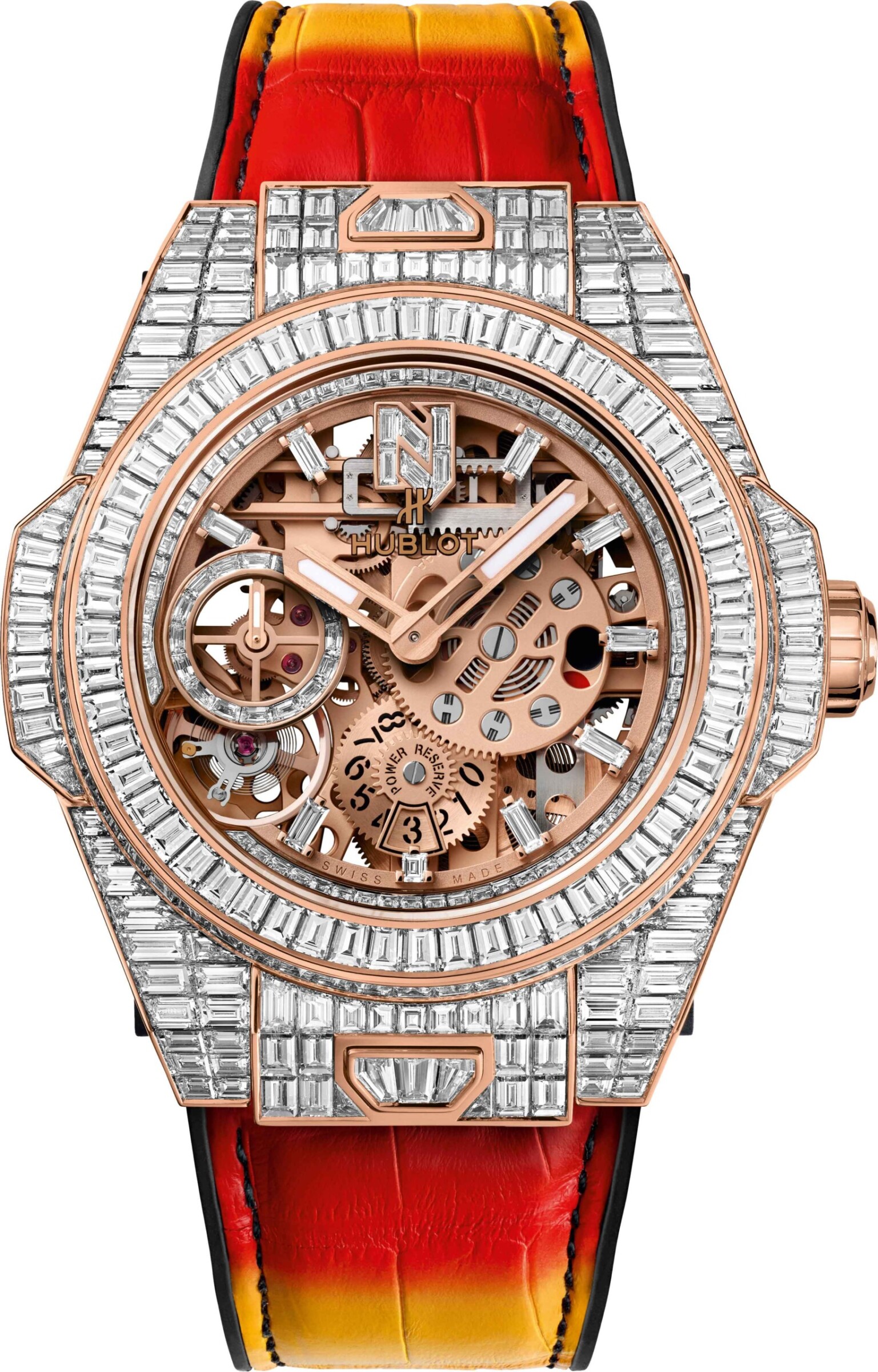 Diese Hublot-Uhr der Spitzenklasse, Modell Big Bang Meca-10 „Nicky Jam“ high Jewellery 45 mm, kostet 350.000,- CHF.