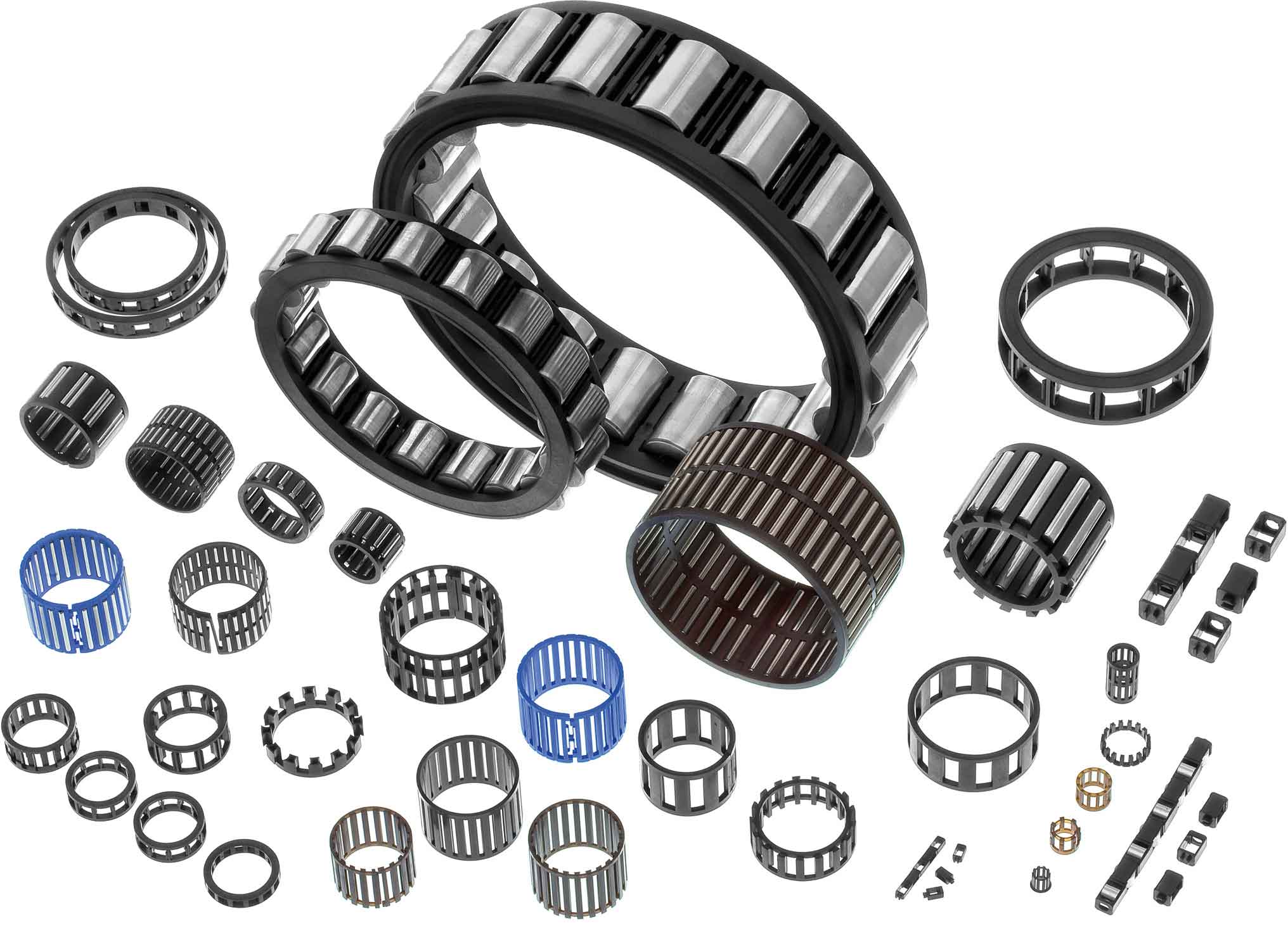 Overview of various bearing cages in all shapes and colours