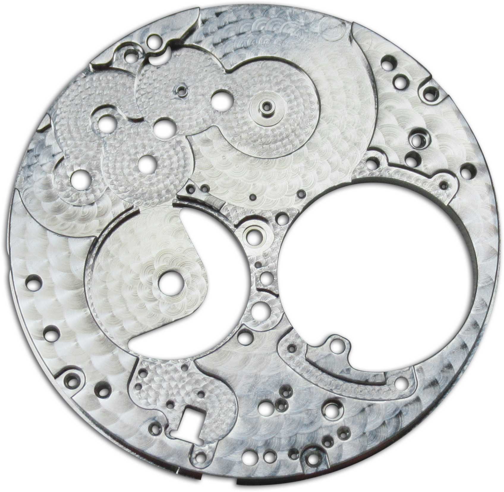 Decoratively machined pearl-effect platelet for a movement