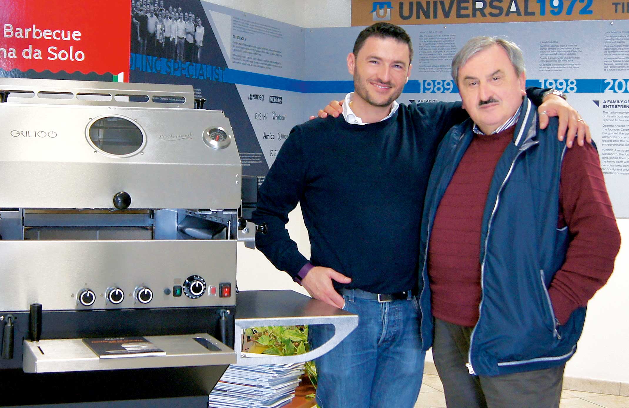 From the left: Alessio and Armando Caramaschi, two generations at Universal1972. They are both ­convinced that investment in new equipment is capable of boosting efficiency and stimulating a company’s growth.
