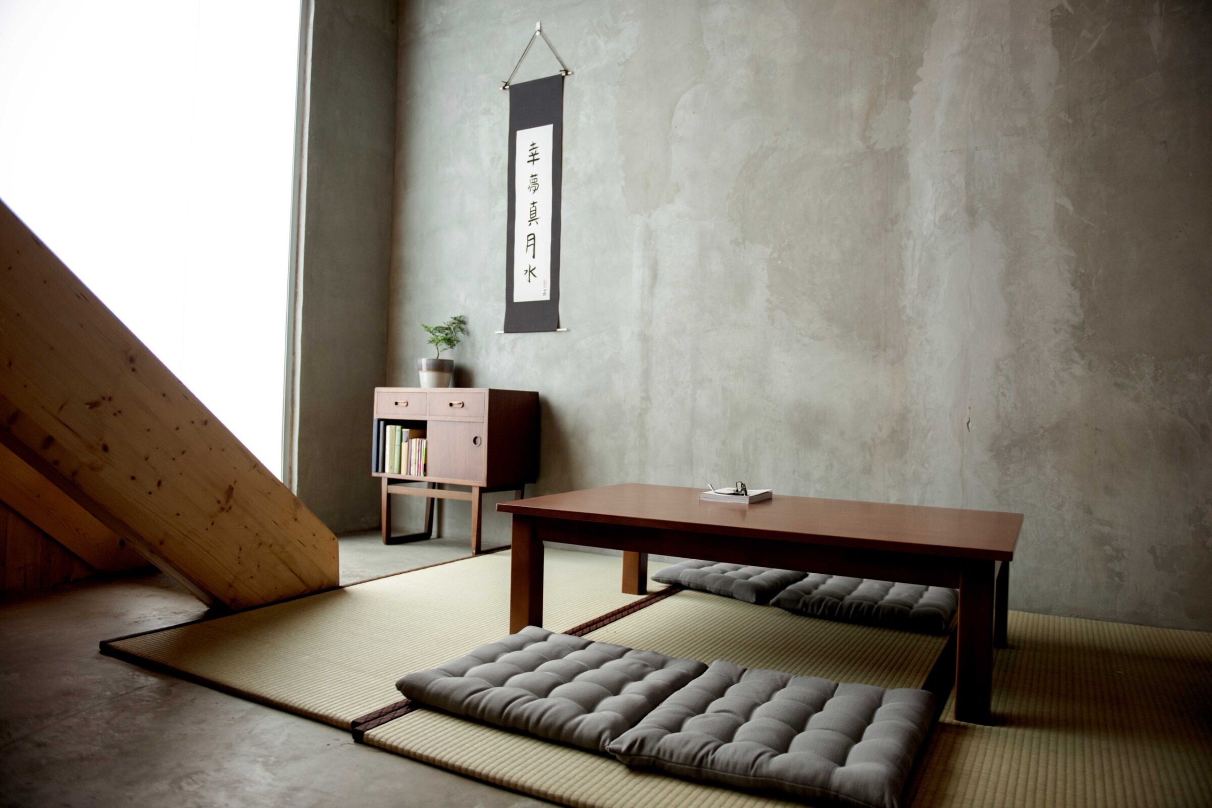 The floor is always covered with the tatami mats, on which most Japanese spend most of their daily domestic lives.